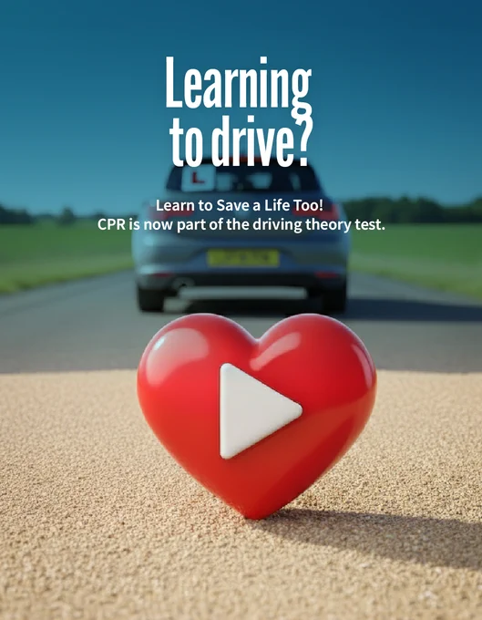 A backround image of a car with an "L" plate, on a road. In the forefront, a red heart with a white play button on it and text that reads: Learning to drive? Learn to save a life too! CPR is now part of the driving theory test.