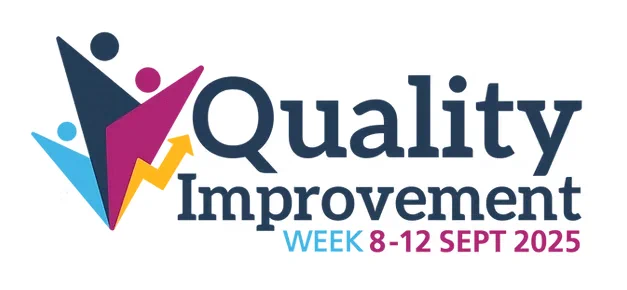 A vibrant promotional graphic for "Quality Improvement Week 8-12 Sept 2025." The design features a central upward yellow arrow integrated with abstract triangular shapes in navy blue, purple, teal and yellow, symbolising growth and collaboration. Three stylized human figures in matching colours (dark blue, purple, light blue) appear to be reaching upward within the design, evoking teamwork. Bold sans-serif text overlays the elements: "QUALITY IMPROVEMENT" in large navy letters with "QUALITY" emphasized in a slightly larger, bolder font and "WEEK 8-12 SEPT 2025" in smaller teal text below. The overall style is modern and energetic, on a white background.