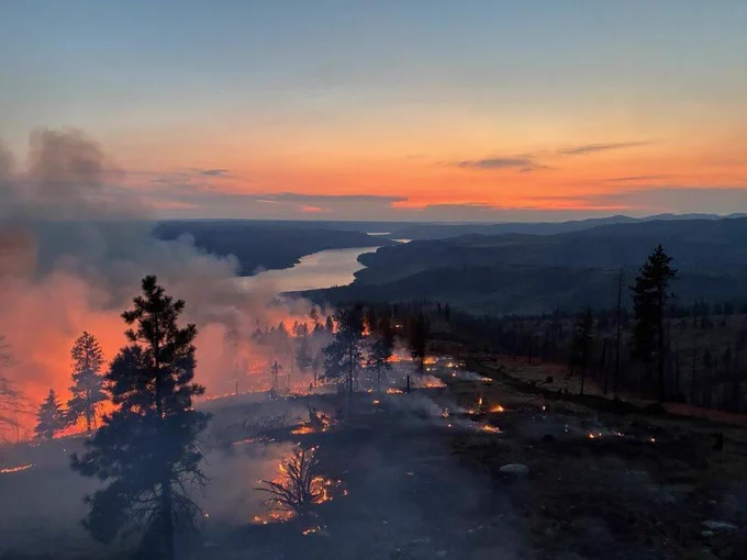 Forest fire burns at night, with orange flames and smoke stretching from the ground, with a river and sunset in the distance.