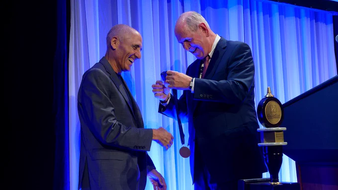 Chancellor’s Medal for Distinguished Teaching.recipient Howard J. Sachs, MD, associate professor of medicine, with Chancellor Michael F. Collins