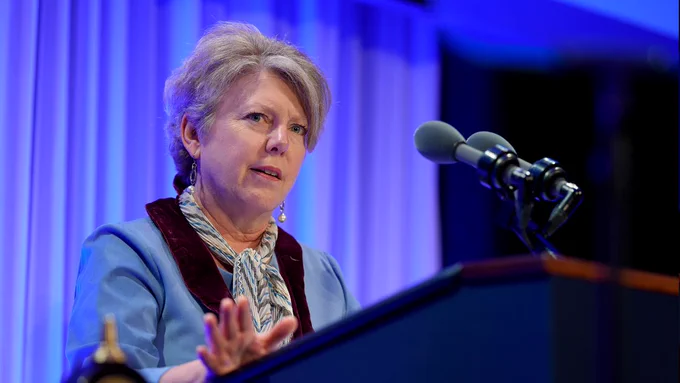 Anne C. Larkin, MD, delivers a speech following her appointment as the Celia and Isaac Haidak Professor in Medical Education 