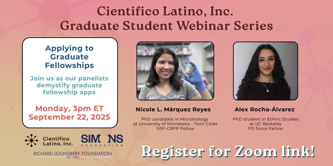 Flyer for a webinar on applying to graduate fellowships on September 22nd at 3pm ET. The speaker's photos and the logos of sponsors are shown.