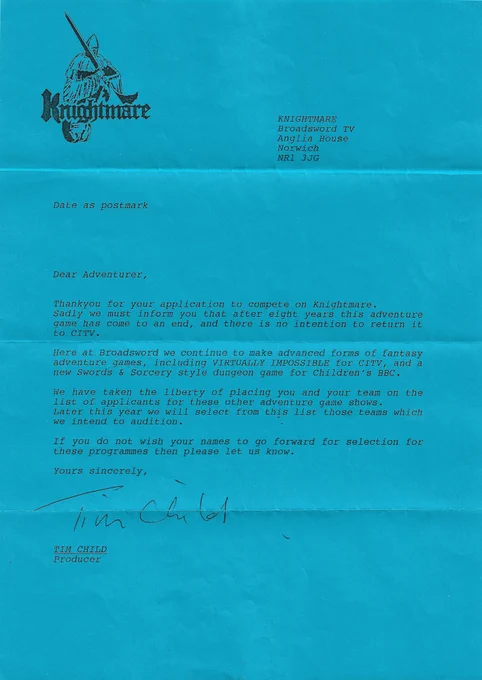 30 years ago, in the summer of 1995, this letter on blue paper was sent by Broadsword TV to applicants for the latest series of Knightmare, confirming that the show had ended. Full text available via the link.