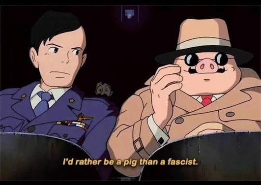 Scene from porko Rosso subtitled I'd rather be a pig than a fascist 