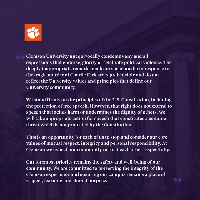 A graphic containing an official statement from Clemson University.