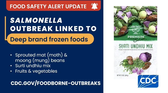  An image of sprouted beans. Text overlay states: 

“Food Safety Alert Update. 

Salmonella outbreak linked to Deep brand frozen foods. 

Additional Deep-branded frozen food products have been recalled, including sprouted mat (moth) & moong (mung) beans, surti undhiu mix, & fruits &  vegetables.   

Cdc.gov/foodborne-outbreaks” 