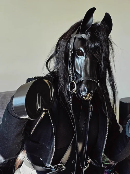 me, photo, ponyplay leather gear, all black, goth cropped hoodie with d rings, lots of straps & zippers