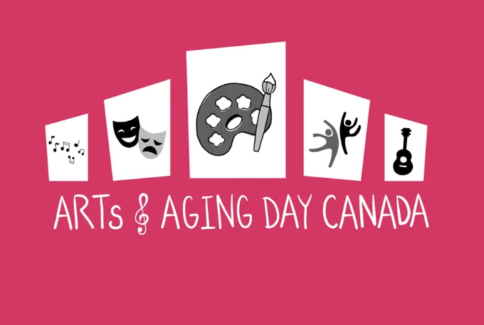 Logo for Arts and Aging Day Canada, a pink background with black and white images of musical notes, tragi/comedy masks, paint brush and paint palatte, dancing, and a guitar