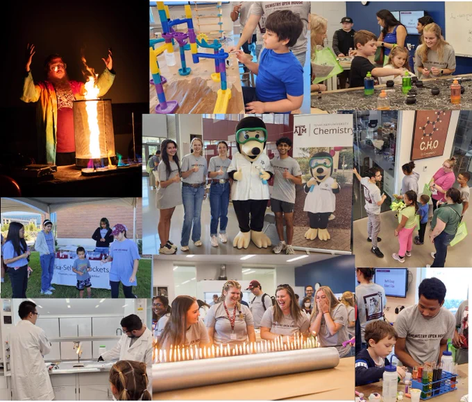 Collage of pictures from the Chemistry Open House, including Dr. Pennington showing off his fire tornado, children interacting with hands-on activities, and the chemistry mole mascot posing with volunteers