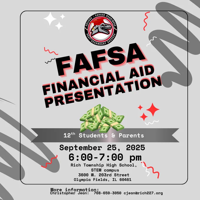 📅 Sept. 25, 2025 | ⏰ 6:00 p.m. | 📍 STEM Campus Senior Parents—get FAFSA ready! 💰✨ Join us for a Financial Aid/FAFSA Presentation to learn what you need before FAFSA opens. Don’t miss it!