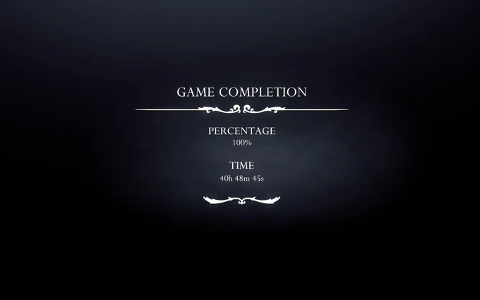 A screenshot of the game completion screen at 100% after beating Silksong 