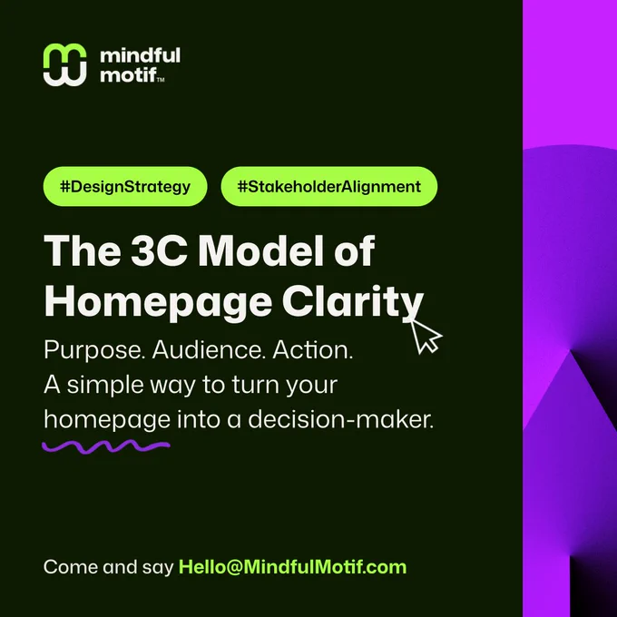 The 3C model of Homepage Clarity – Purpose. Audience. Action. A simple way to turn your homepage into a decision-maker.