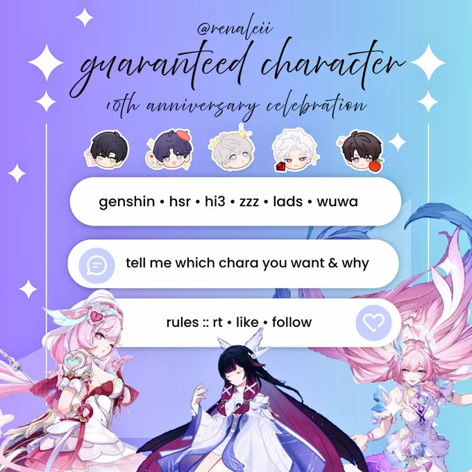guaranteed character for genshin, hsr, hi3, zzz, lads, or wuwa. tell me which character you want and why, must repost, like, and follow
