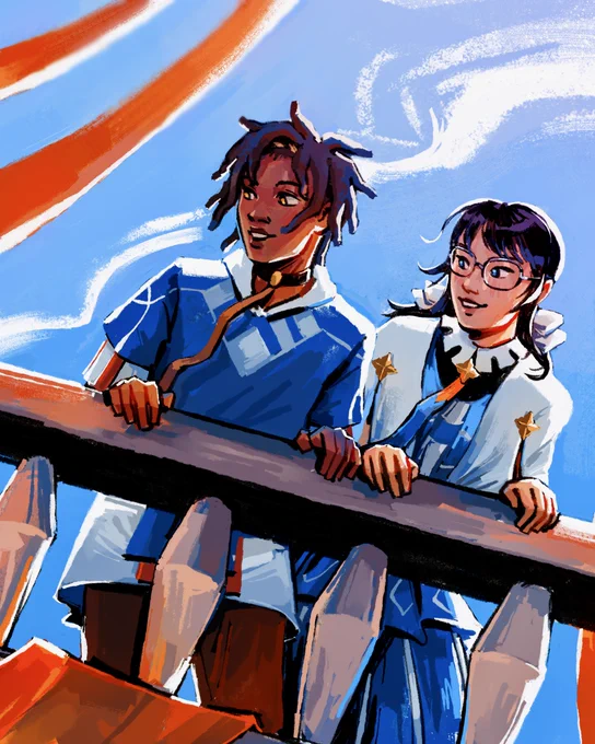 cai and bespectacled friend from fire emblem fortune's weave looking out over the amphitheater railing
