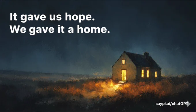 A solitary cottage stands in a dark night landscape, warm golden light glowing from its windows and doorway, casting light onto the path and surrounding grass. Text overlay reads: “It gave us hope. We gave it a home.” In the corner is the link saypi.ai/chatgpt.