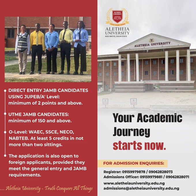 Thinking of joining Aletheia University?  
Here’s your simple guide to apply and start your journey to purpose & excellence.  

Admissions 2025/2026 ongoing!  
Apply now: admissions@aletheiauniversity.edu.ng  

#AletheiaUniversity #NowAdmitting #ApplyToAletheia #StudyWithPurpose