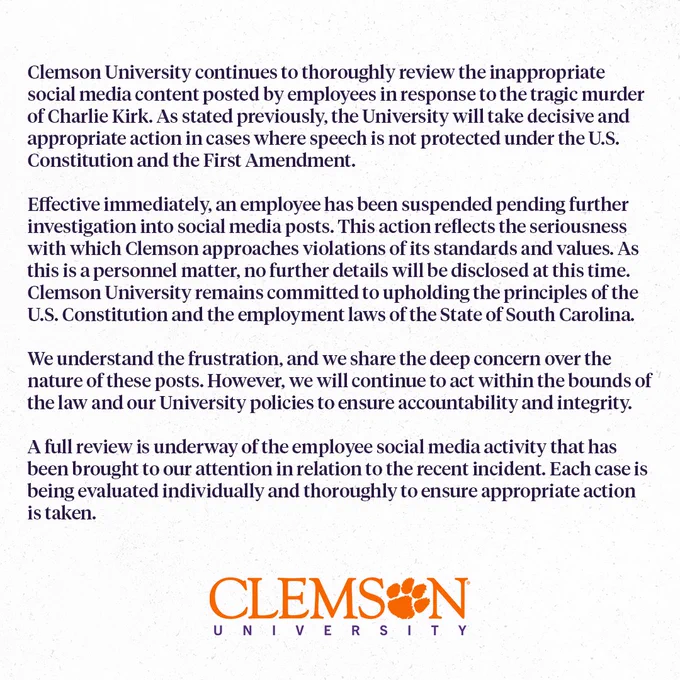 A graphic with a statement from Clemson University. 