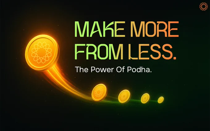 A promotional graphic for Podha Protocol with a dark background. In the center, glowing green and orange text reads, "MAKE MORE FROM LESS. The Power of Podha." Below the text, a large golden coin featuring the Podha logo leaves a bright, glowing trail as it leads a line of progressively smaller coins, symbolizing growth from an initial asset.