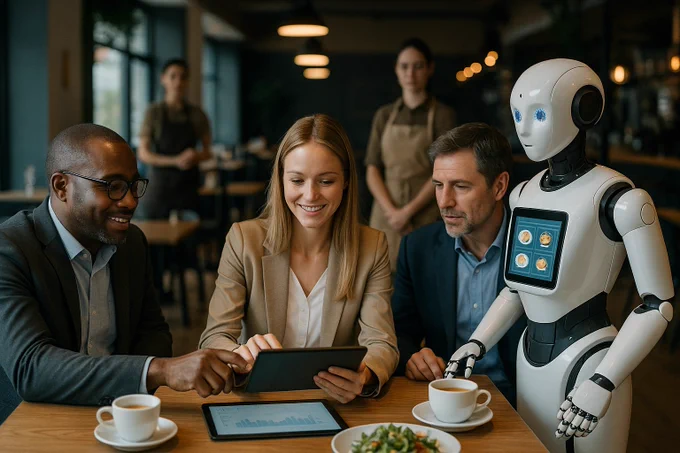 At a cafe, three people sit at a table with a robot waiter. One man points at a tablet, while the woman next to him smiles. Another man looks on. The robot has food images on its screen.