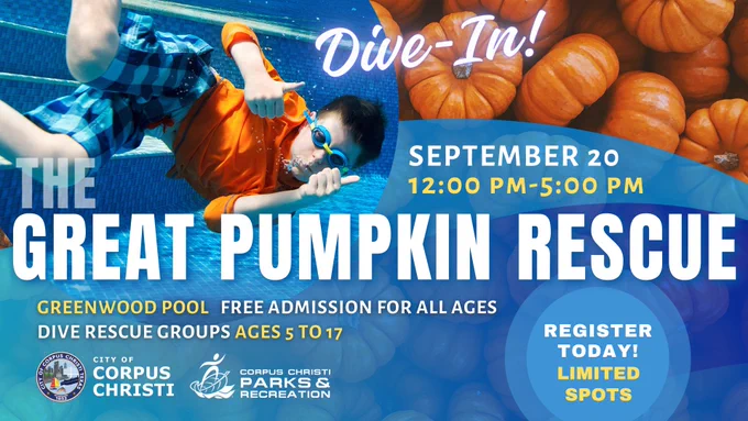 An image of pumpkins with an illustration of blue water waves is shown in the background with an image of a young boy on top. He is seen wearing swim goggles while under the water of a pool. The text on the image reads: Dive in! The Great Pumpkin Rescue, September 20, 12 to 5 p.m. at Greenwood Pool. Free admission for all ages. Dive rescue groups ages 5 to 17. Register today. Limited spots.