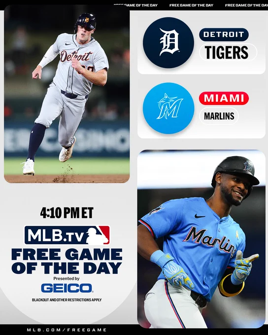 MLB.TV Free Game of the Day
Presented by GEICO
Detroit Tigers vs. Miami Marlins 4:10 PM ET
Pictured top left: Kerry Carpenter rounds the bases in a gray Tigers uniform with blue lettering outlined in orange and a blue batting helmet.
Pictured bottom right: Otto Lopez rounds the bases wearing a blue Marlins uniform with black lettering outlined in white and red and a black batting helmet.