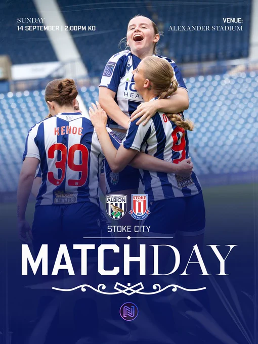 A matchday graphic for Albion vs Stoke City. Sunday, September 14 at 2pm at the Alexander Stadium in the FA WNL.