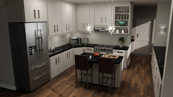 Digital render of a modern kitchen with white cabinets, black marble countertops, a center island with two chairs, stainless steel fridge, oven, and overhead pendant lights. A cutting board with bread and tomatoes sits on the island.