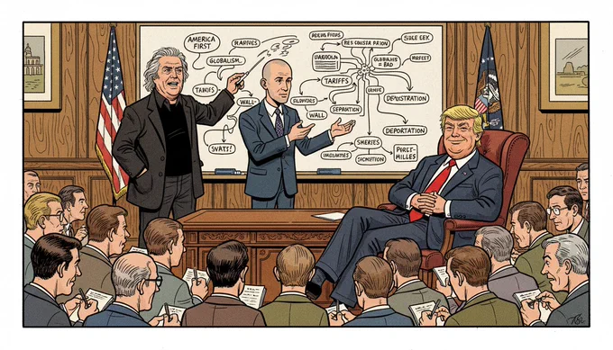 Steve Bannon and Stephan Miller explain plans to a bunch of note takers while Trump observes.