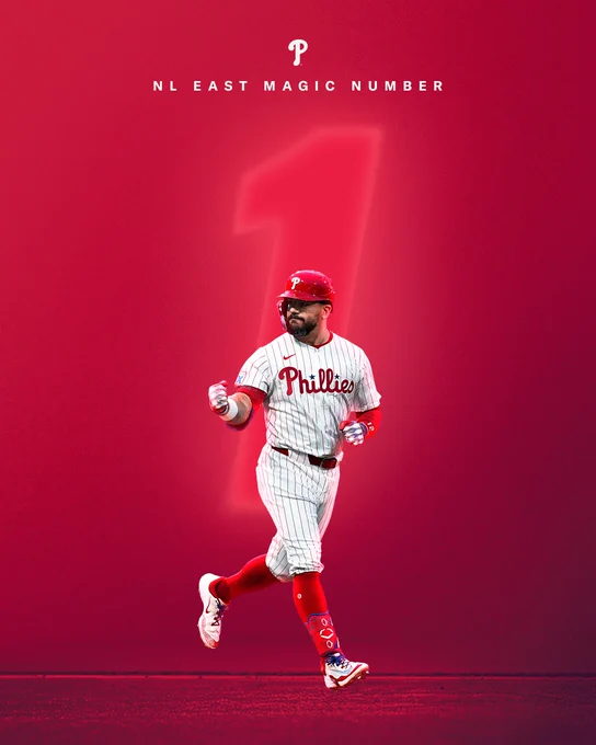 Phillies NL East Magic number is 1. Pictured is Kyle Schwarber celebrating while rounding the bases and wearing the pinstripe uniforms.
