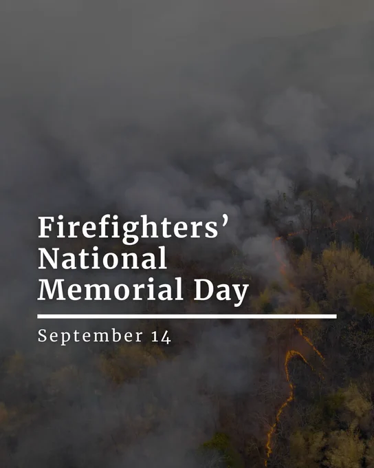 The text “Firefighter’s National Memorial Day” on an overlay of a forest on fire.