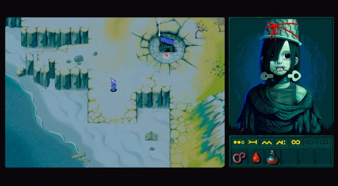 Mockup of a dark fantasy game. On the left, an isometric view shows a tiny hooded figure in a pointed hat standing near a hut with a glowing red bonfire. The scene is painted in icy blues, sandy yellows, and mossy greens, with cliff edges and a shoreline below. On the right, a portrait of a pale witch with large dark eyes, a hat tied with red string on their head, and large metal keys through their cheeks. Below the portrait, an interface bar shows strange symbols and inventory items: a worm shaped like the infinite, a drop of blood, and a potion bottle.