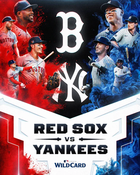 2025 Wild Card
Boston Red Sox vs. New York Yankees
Pictured:
Left - Cutouts of Aroldis Chapman, Garrett Crochet, Jarren Duran, and Alex Bregman wearing gray Boston Red Sox jerseys. 
Right - Cutouts of Aaron Judge, Max Fried, Cody Bellinger, and Jazz Chisholm Jr. wearing pinstriped New York Yankees jerseys. 