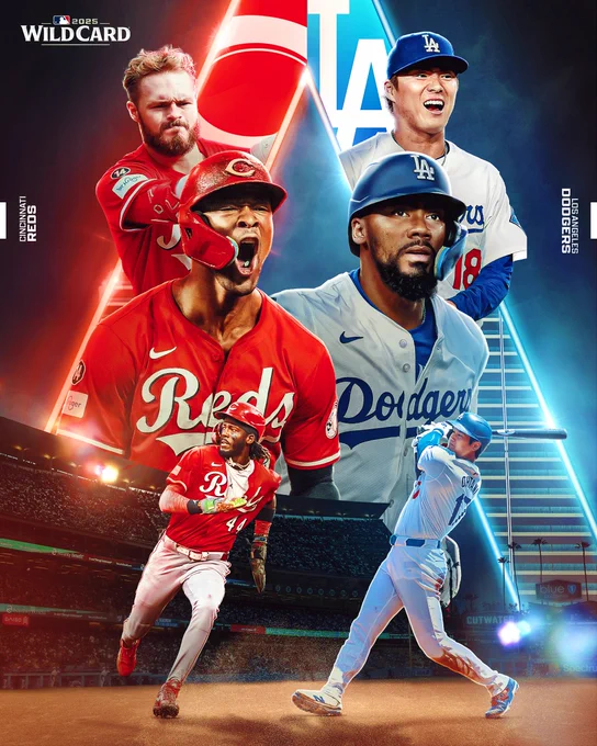 2025 Wild Card
Cincinnati Reds vs. Los Angeles Dodgers
Pictured:
Left - Cutouts of Gavin Lux, Will Benson, and Elly De La Cruz wearing red Cincinnati Reds jerseys.
Right - Cutouts of Yoshinobu Yamamoto, Teoscar Hernández, and Shohei Ohtani wearing white Los Angeles Dodgers jerseys.
The interior of Dodger Stadium can be seen in the background.