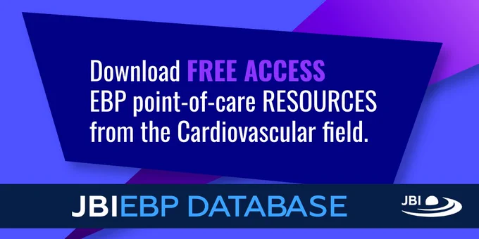 Blue and purple background with text overlay - Download free access EBP point-of-care resources from the cardiovascular field. JBI EBP Database. JBI logo