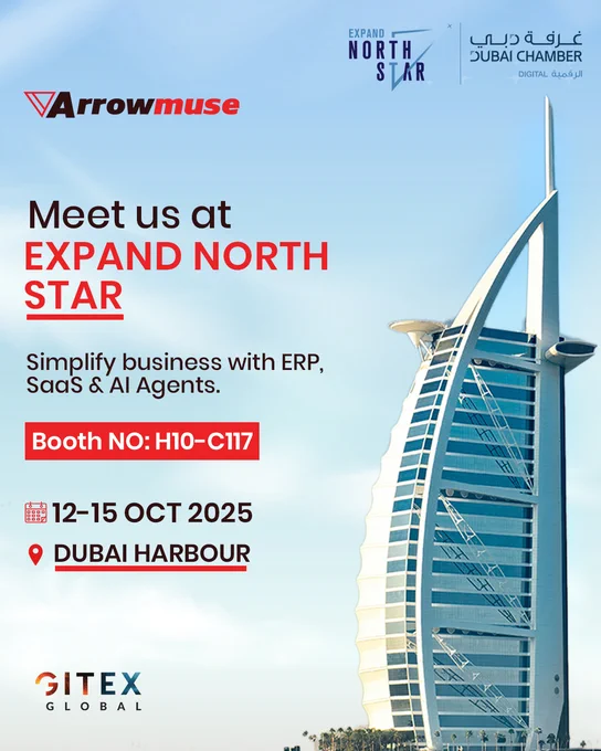 X (Twitter) Post Description:
Arrowmuse is excited to exhibit at Expand North Star 2025—part of GITEX Global in Dubai!
Join us at Booth H10-C117, Dubai Harbour, 12–15 Oct 2025 to explore how our ERP, SaaS, and AI Agent solutions can simplify and scale your business.
Let’s discuss how technology can drive efficiency, innovation, and growth for your organization.