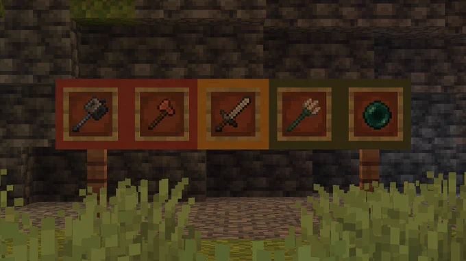 A lush caves biome with a mace and a copper axe in front of red terracotta, an iron sword in front of yellow terracotta, and a trident and an ender pearl in front of green terracotta in Minecraft
