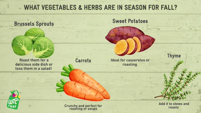 An educational graphic titled "What Vegetables & Herbs are in Season for Fall?" from WIC FMNP. It features illustrations and descriptions of Brussels sprouts, sweet potatoes, carrots, and thyme, with suggested uses such as roasting, casseroles, and adding to stews. The background is a wooden texture.
