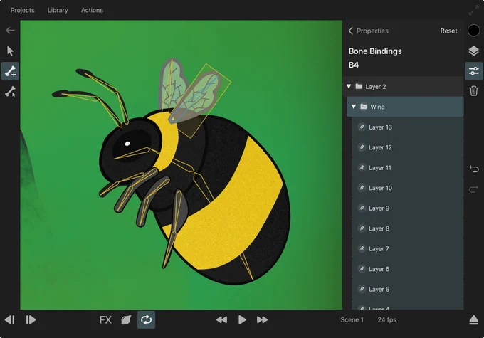 A screenshot of the ToonSquid app showing the new bone bindings inspector with a layer list that highlights the layers that are bound to the selected bone.