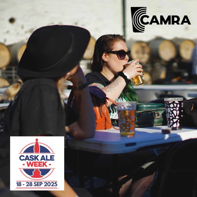 Graphic with the black version of the CAMRA logo top right and Cask Ale Week logo bottom left. The main image in use is of two women drinking cask beer outside in the sun.
