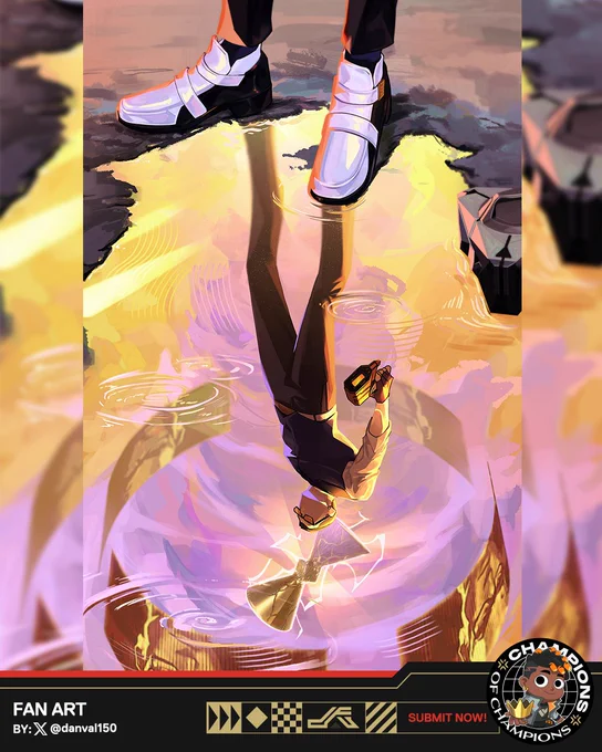 (Chamber): A portrait of Chamber from VALORANT, stepping into a puddle on the ground. In the reflection of the puddle, we can see Chamber standing, appearing upside down as the reflection showcases the Champions finisher from 2024 with the trophy in the middle, floating above Chamber’s head.