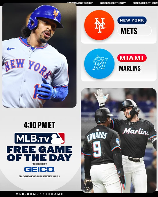 MLB.TV Free Game of the Day, Presented by GEICO
Blackout and other restrictions apply
MLB.com/FreeGame

New York Mets vs. Miami Marlins
4:10 PM ET

Pictured:
Top left - Francisco Lindor rounds the bases after hitting a home run. He is wearing a gray New York Mets jersey and a blue batting helmet.
Bottom right - Connor Norby and Xavier Edwards celebrate at home plate after a Norby home run. They are wearing black Miami Marlins jerseys and black batting helmets. 