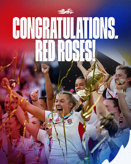 A graphic congratulating the Red Roses on winning the women's Rugby World Cup final. 