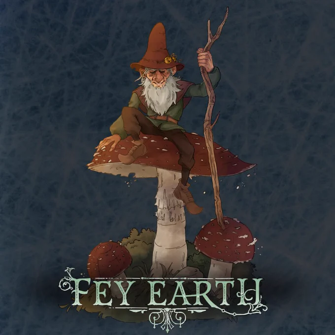 The image shows a gnome sitting atop a red mushroom, in their hand is a large twig that in their hands looks like a staff. They have a long, flowing white beard and are wearing simple woolen clothes that are a mixture of greens and browns. Atop their head they are wearing a large, conical, felted woolen hat that is a light brown in colour and has a brass bell tied to it by a piece of cord stitched around the hat just above the rim.
