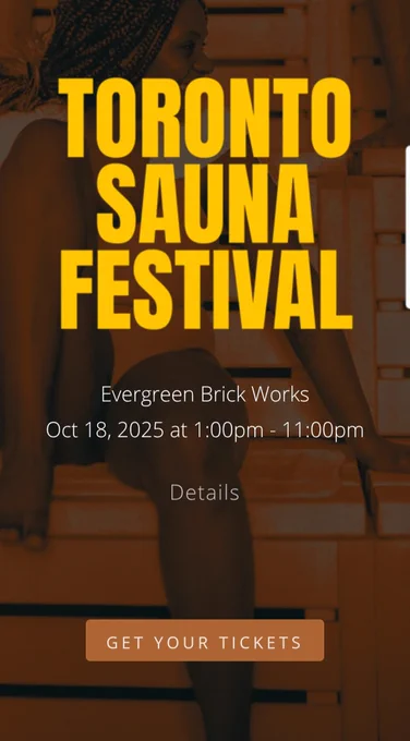 The Toronto Sauna Festival is a 1-day event taking place at Evergreen Brick Works. 

Festival highlights include 10 Unique Sauna Experiences, DJs & Live Music, Guided Cold Plunges, Breathwork Sessions, Yoga Classes, Sound Baths, and Interactive Booths!

The Toronto Sauna Festival is presented in collaboration with Unbounded and Evergreen Brick Works.

Learn more at torontosaunafestival.com

#TorontoCulture #toronto #todotoronto #TorontoCommunity #torontosaunafestival #FestivalsCanada #festivalsca 