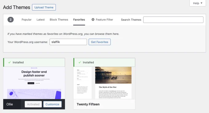 Screenshot of the WordPress admin area "Add Themes" page and its "Favorites" tab. 2 themes are marked as favorite: Ollie and Twenty Fifteen.