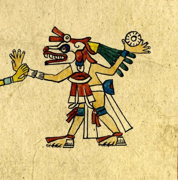 Aztec-style depiction of a colorful deity with a bird-like head, holding a human hand. The deity wears elaborate headdress and clothing.
