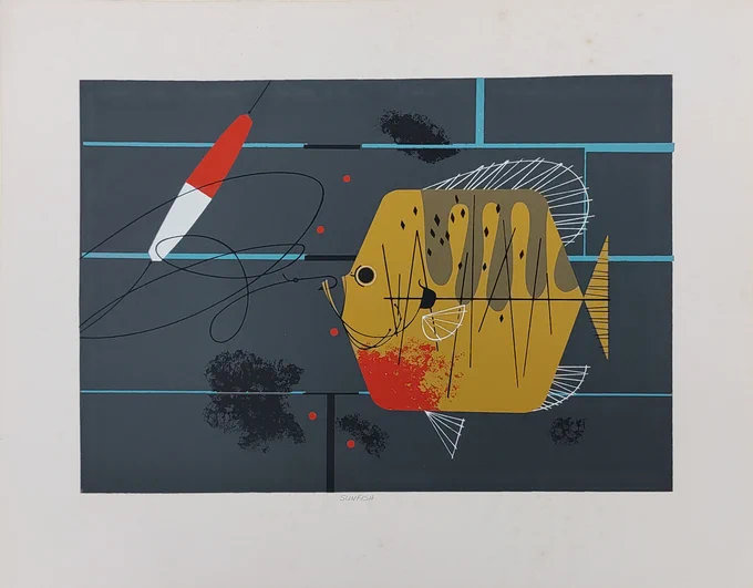 Serigraph of a yellow, gray, and red sunfish in left profile approaching a dangling red and white fishing lure. 