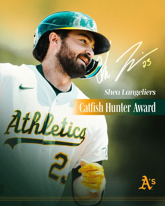A Green & Gold graphic announcing Shea Langeliers as the 2025 Catfish Hunter Award winner.
