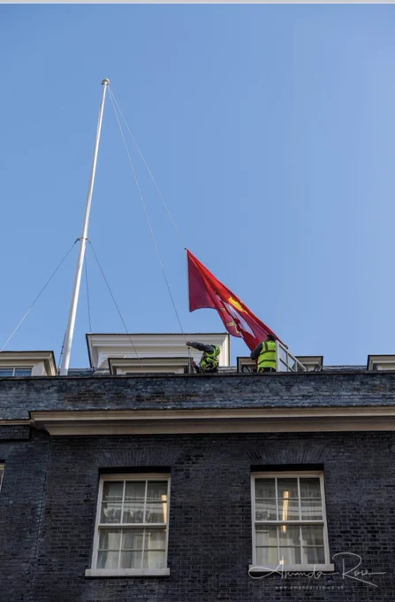 The Middlesex flag bought by local Middlesex people being raised over 10 Downing Street on May 16th in honour of the fallen of the Middlesex Regiment, which includes the 13th Middlesex (Queen’s Westminster), this year it was refused to be raised by the new Government.