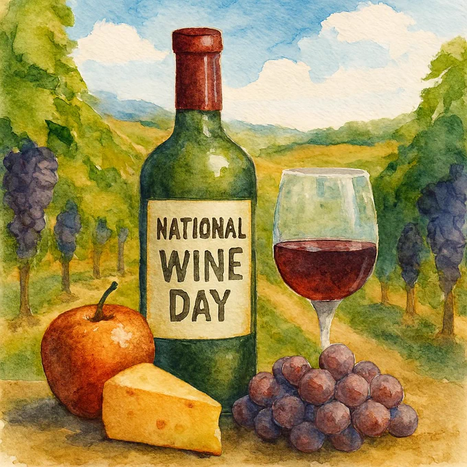 A watercolor painting celebrates National Wine Day and features a tranquil vineyard landscape with a bottle of red wine, a filled wine glass, and an assortment of fruits and cheese in the foreground. The bottle of wine is centered in the composition, with a cream-colored label displaying \"NATIONAL WINE DAY\" in bold, uppercase, dark brown letters. The bottle is green with a deep red foil capsule covering the cork, and its glass body reflects light. To the right of the wine bottle is a wine glass with a thin, elegant stem and a rounded bowl, filled halfway with deep red wine.

In the foreground to the left of the wine bottle, there is a ripe apple with warm red and orange hues and a short, curved stem. In front of the apple, a wedge of pale yellow cheese with a slightly darker rind and smooth texture sits on earthy ground composed of warm browns and greens. To the right of the cheese, a cluster of plump, purple grapes painted with varying shades of purple and blue rests on the ground.
